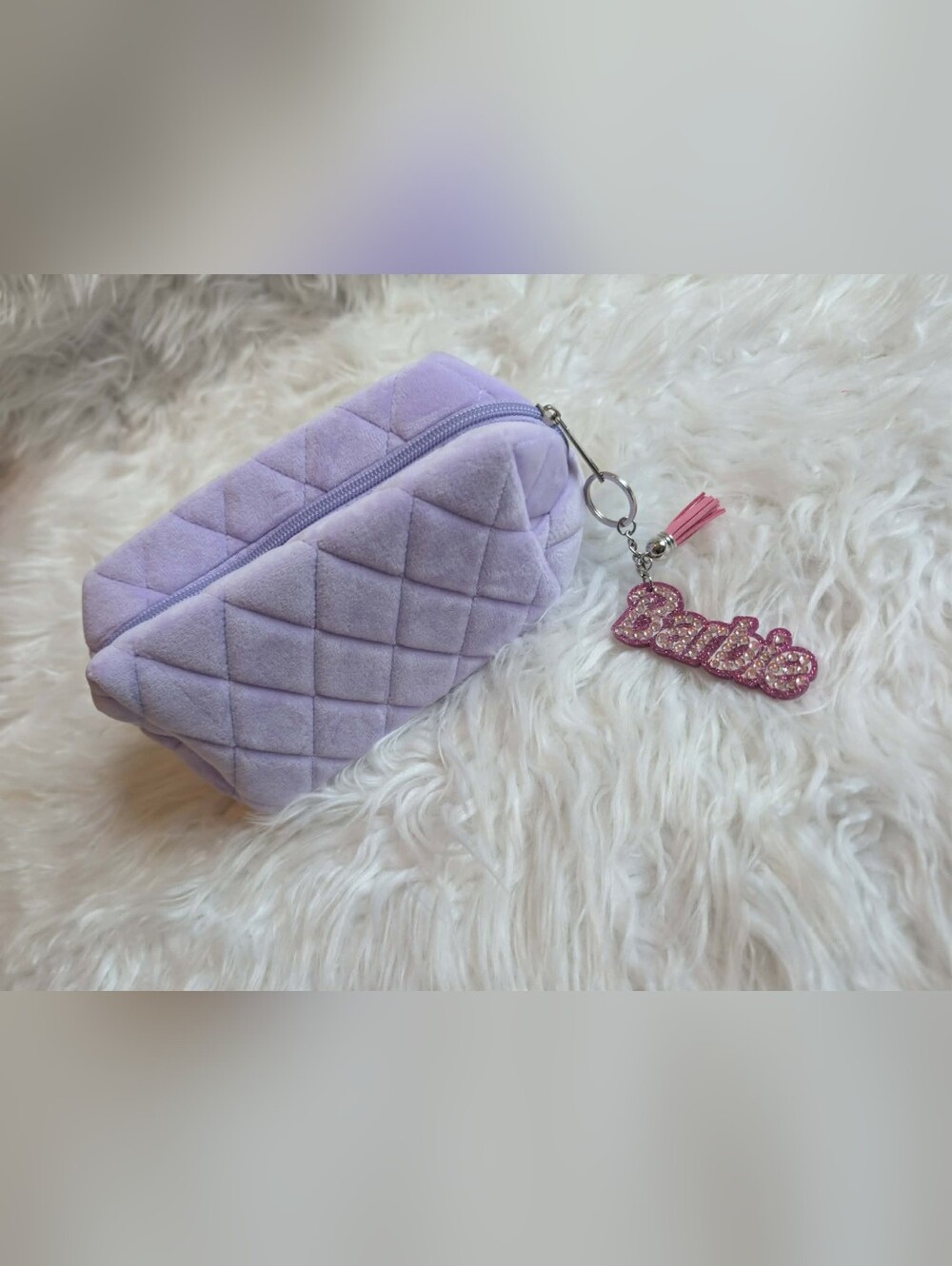 Nwot Barbie Keychain Lavender Quilted Cosmetic Bag with Pink Rhinestone Charmn